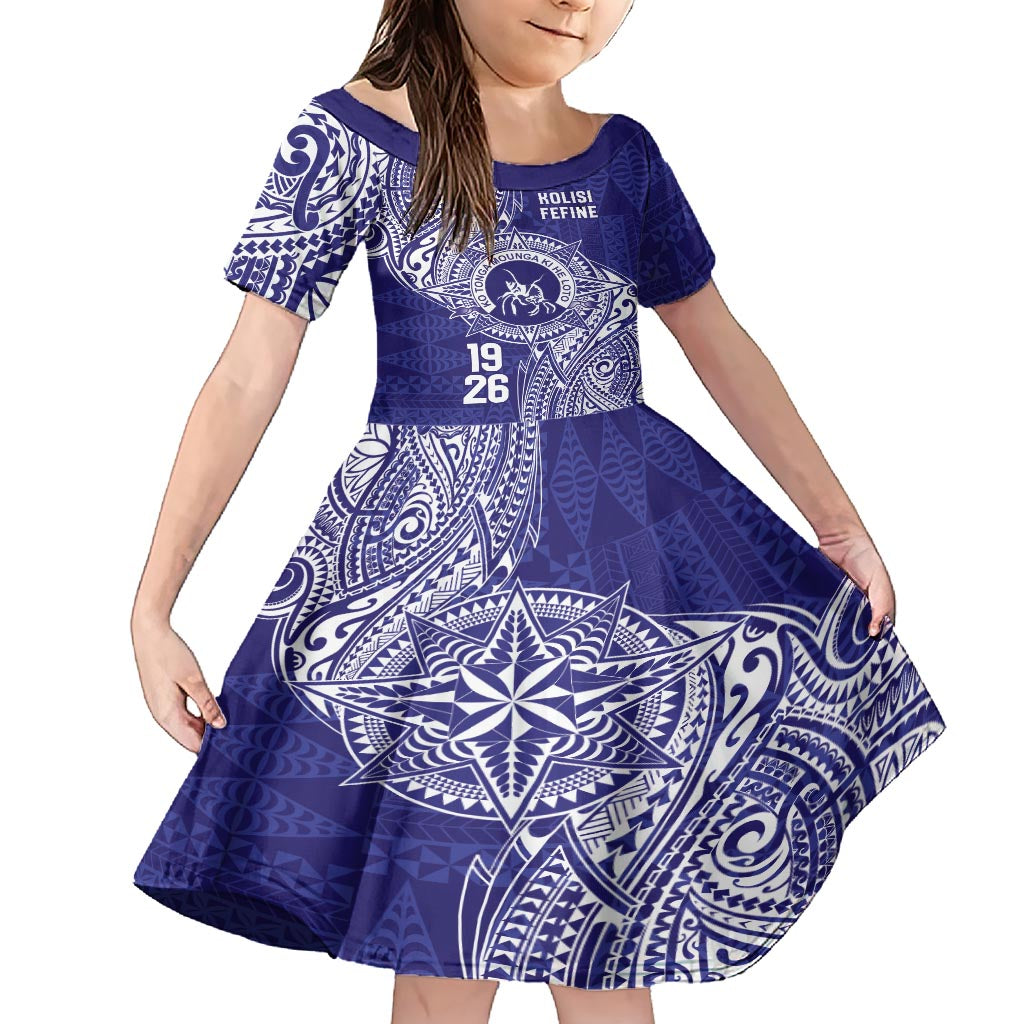 Personalised Tonga Queen Salote College Family Matching Short Sleeve Bodycon Dress and Hawaiian Shirt Kolisi Fefine 1926 Special Kupesi Pattern LT9 Daughter's Dress Blue - Polynesian Pride