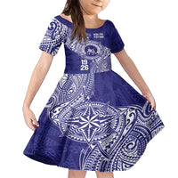 Personalised Tonga Queen Salote College Family Matching Short Sleeve Bodycon Dress and Hawaiian Shirt Kolisi Fefine 1926 Special Kupesi Pattern LT9 Daughter's Dress Blue - Polynesian Pride
