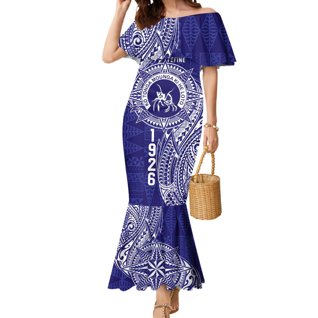 Personalised Tonga Queen Salote College Mermaid Dress Kolisi Fefine 1926 Special Kupesi Pattern LT9 Women Blue - Polynesian Pride