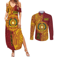 Personalised Tonga Vava'u High School Couples Matching Summer Maxi Dress and Long Sleeve Button Shirt Since 1985 Special Kupesi Pattern LT9 Red - Polynesian Pride
