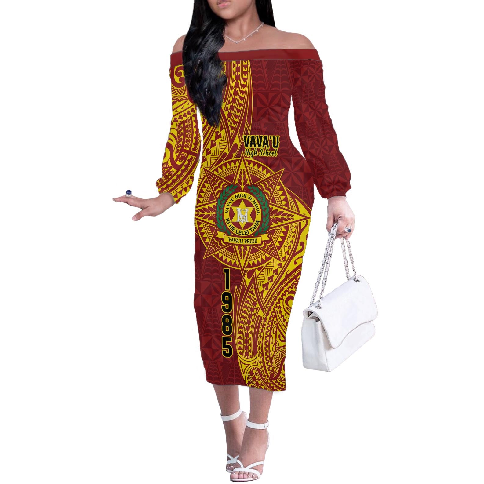 Personalised Tonga Vava'u High School Off The Shoulder Long Sleeve Dress Since 1985 Special Kupesi Pattern