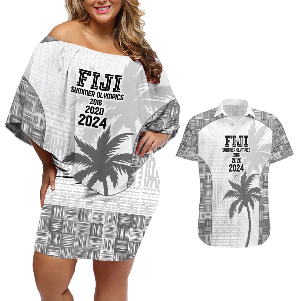 Custom Fiji Rugby Couples Matching Off Shoulder Short Dress and Hawaiian Shirt History Champions World Cup 7s - White