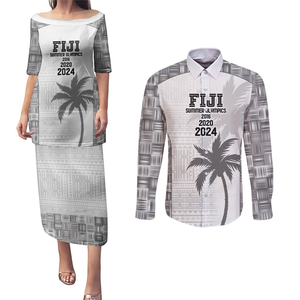 Custom Fiji Rugby Couples Matching Puletasi and Long Sleeve Button Shirt History Champions World Cup 7s - White