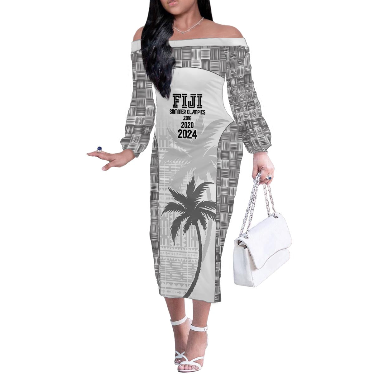 Custom Fiji Rugby Family Matching Off The Shoulder Long Sleeve Dress and Hawaiian Shirt History Champions World Cup 7s - White