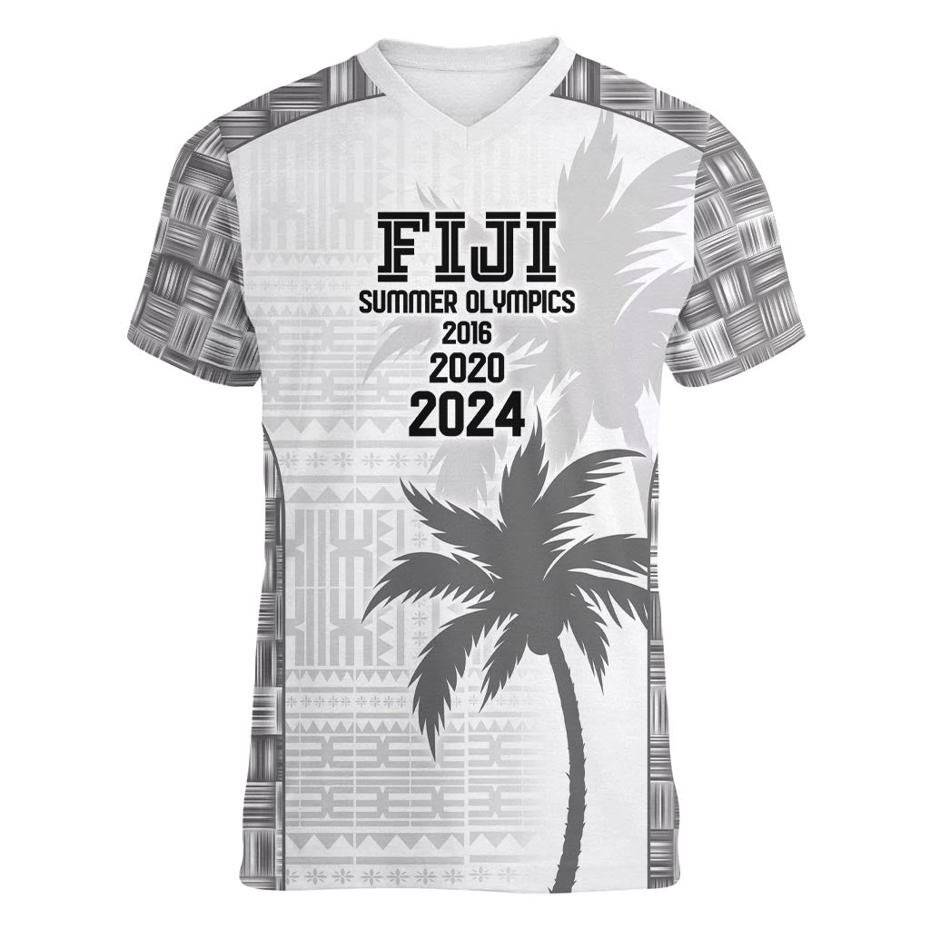 Custom Fiji Rugby Women V-Neck T-Shirt History Champions World Cup 7s - White LT9 Female White - Polynesian Pride