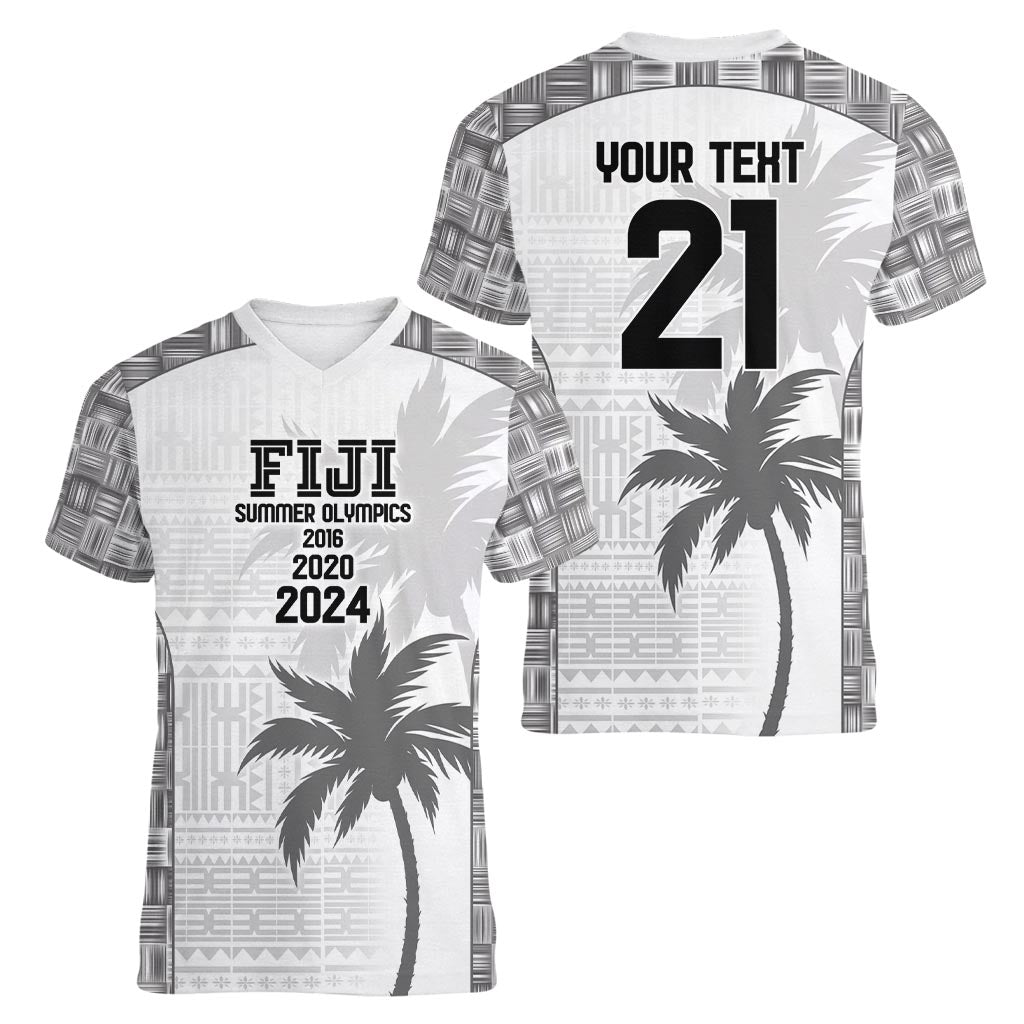 Custom Fiji Rugby Women V-Neck T-Shirt History Champions World Cup 7s - White LT9 - Polynesian Pride