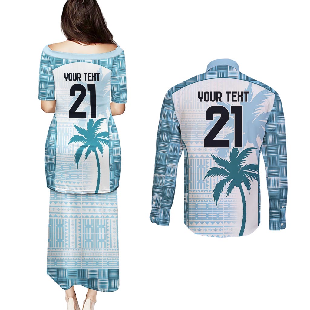 Custom Fiji Rugby Couples Matching Puletasi and Long Sleeve Button Shirt History Champions World Cup 7s - Bllue