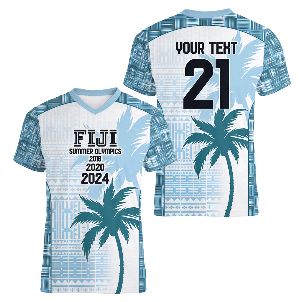 Custom Fiji Rugby Women V-Neck T-Shirt History Champions World Cup 7s - Bllue LT9 - Polynesian Pride
