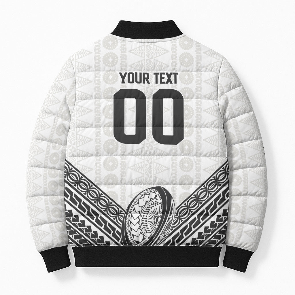 Custom Rugby Fiji National Heritage Bomber Puffer Jacket White Traditional Masi Inspired