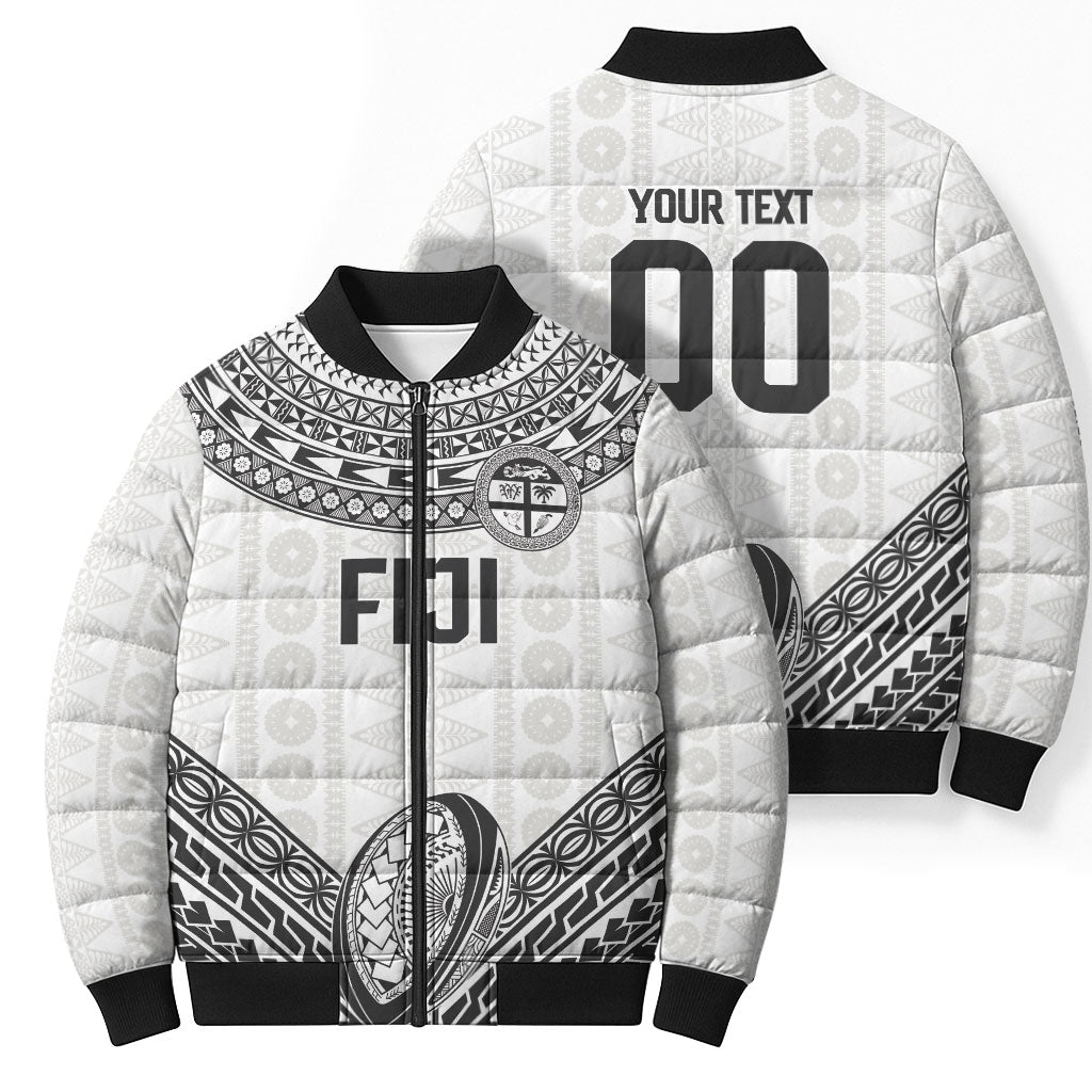 Custom Rugby Fiji National Heritage Bomber Puffer Jacket White Traditional Masi Inspired