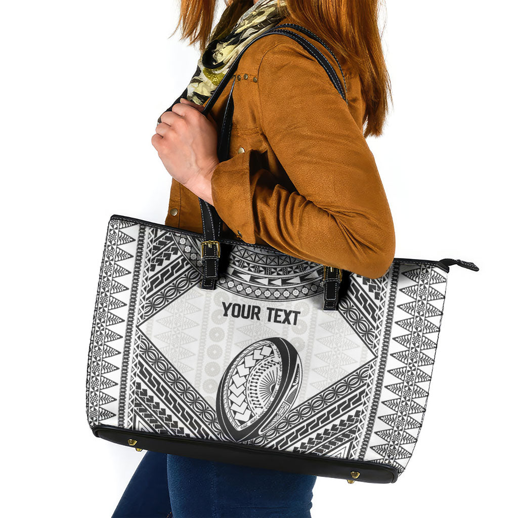 Custom Rugby Fiji National Heritage Leather Tote Bag White Traditional Masi Inspired