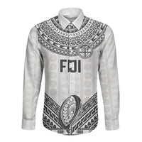 Custom Rugby Fiji National Heritage Long Sleeve Button Shirt White Traditional Masi Inspired