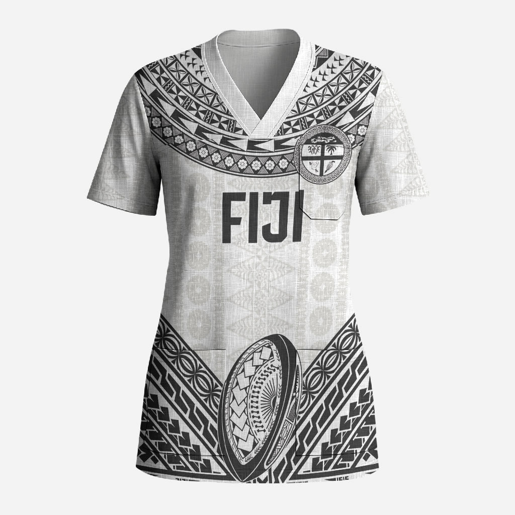 Custom Rugby Fiji National Heritage Scrub Top White Traditional Masi Inspired