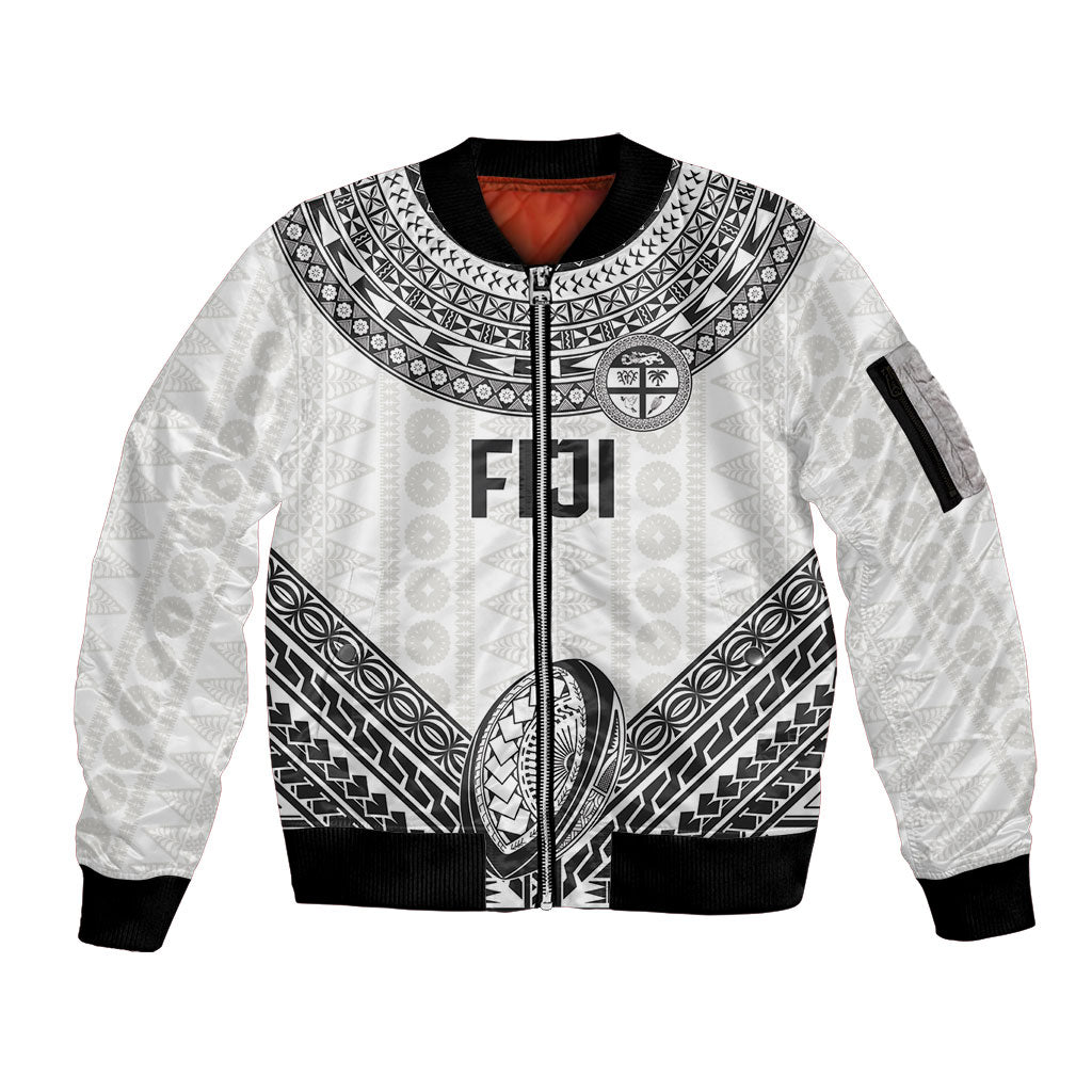 Custom Rugby Fiji National Heritage Sleeve Zip Bomber Jacket White Traditional Masi Inspired