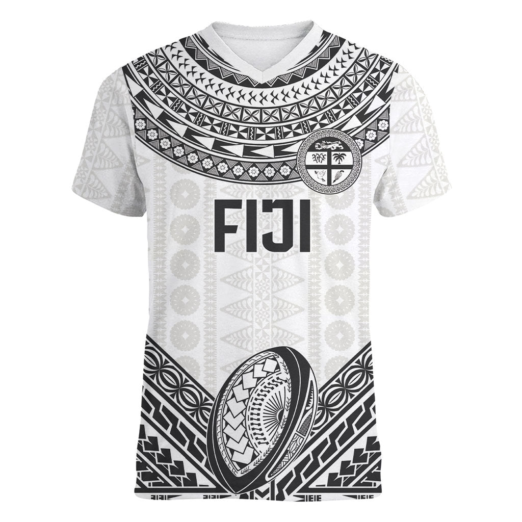 Custom Rugby Fiji National Heritage Women V-Neck T-Shirt White Traditional Masi Inspired