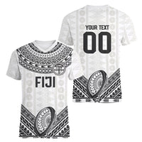 Custom Rugby Fiji National Heritage Women V-Neck T-Shirt White Traditional Masi Inspired