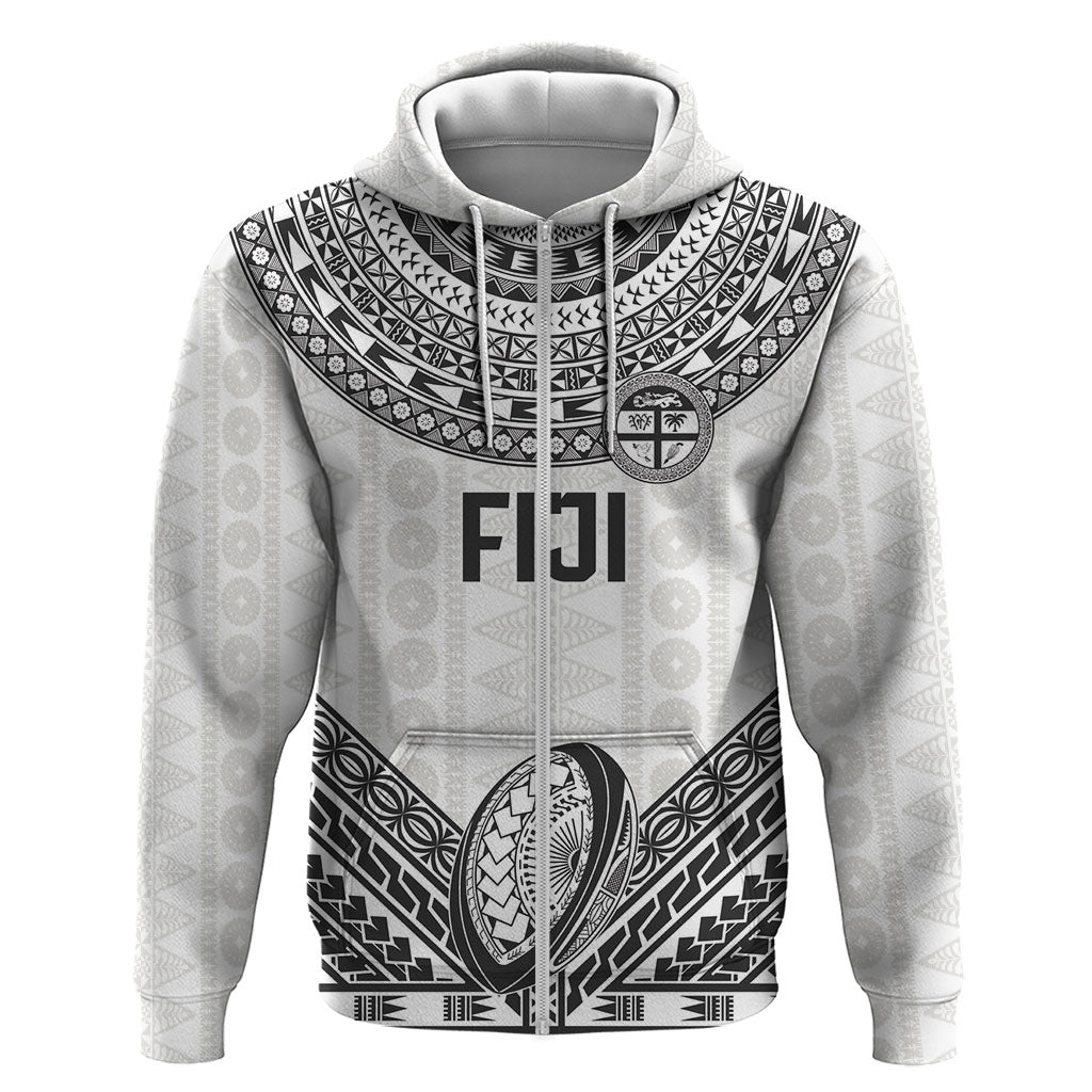 Custom Rugby Fiji National Heritage Zip Hoodie White Traditional Masi Inspired