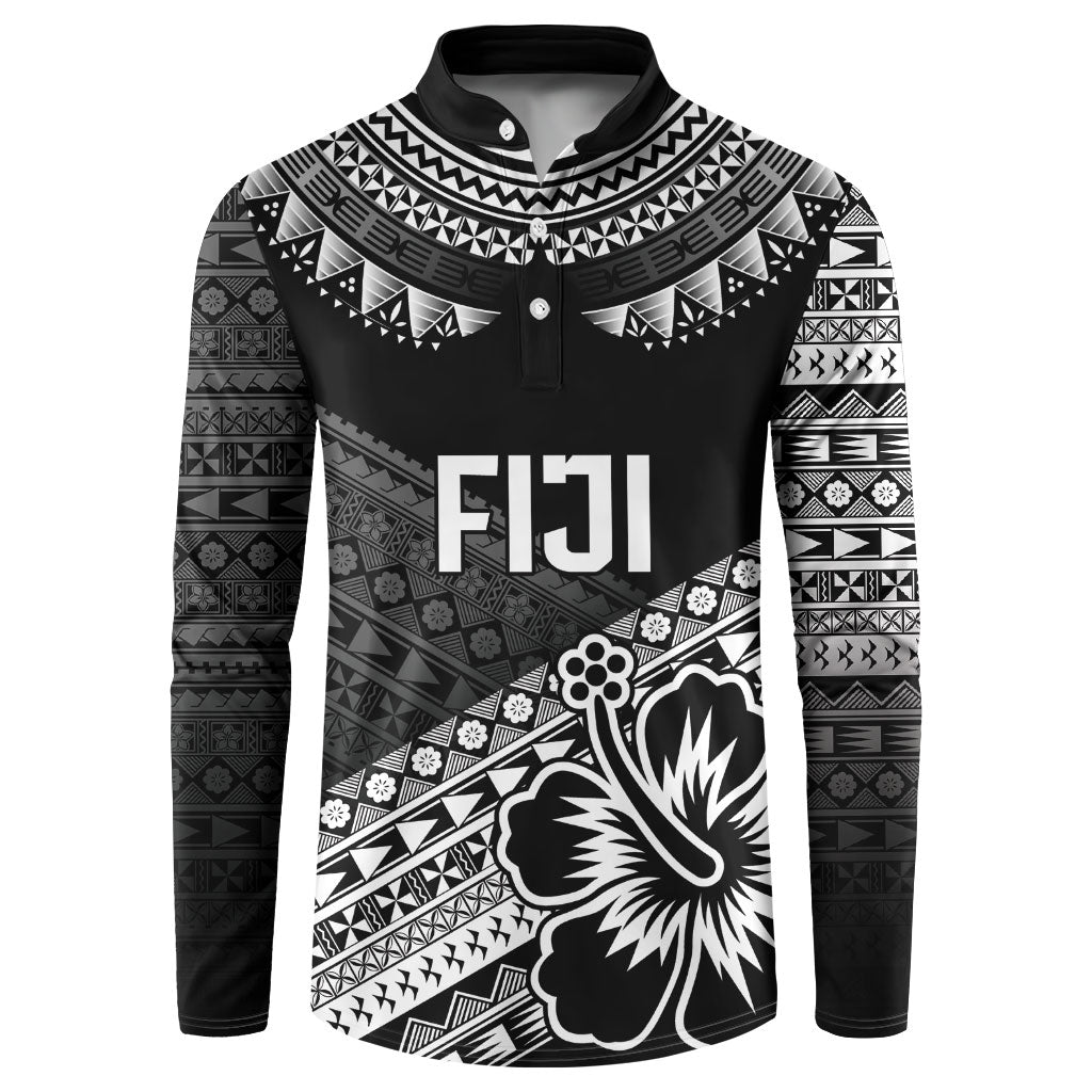 Custom Rugby Fiji Button Sweatshirt Black Traditional Masi Inspired LT9 Black - Polynesian Pride