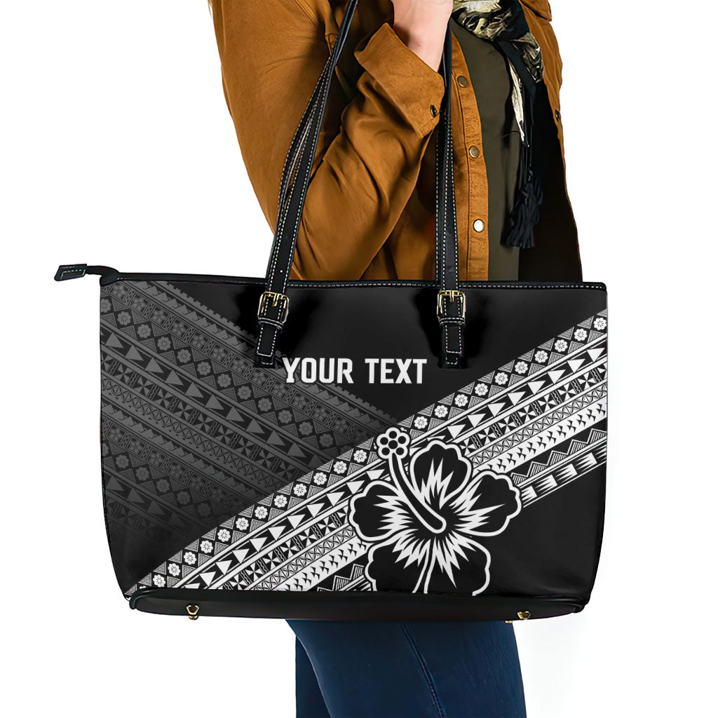 Custom Rugby Fiji Leather Tote Bag Black Traditional Masi Inspired
