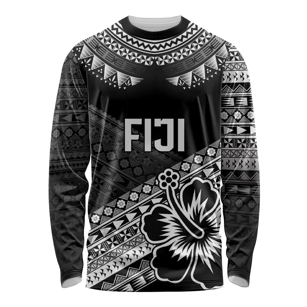 Custom Rugby Fiji Long Sleeve Shirt Black Traditional Masi Inspired LT9 Unisex Black - Polynesian Pride