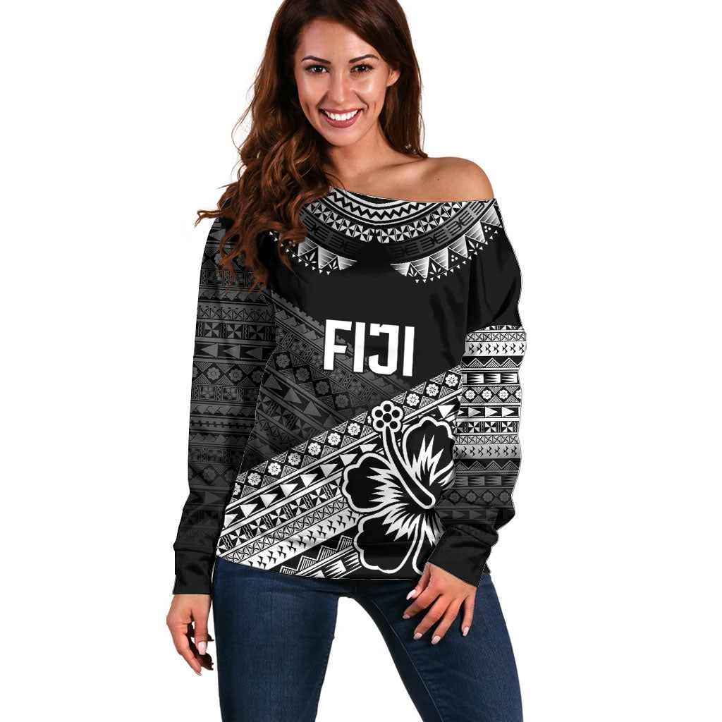 Custom Rugby Fiji Off Shoulder Sweater Black Traditional Masi Inspired