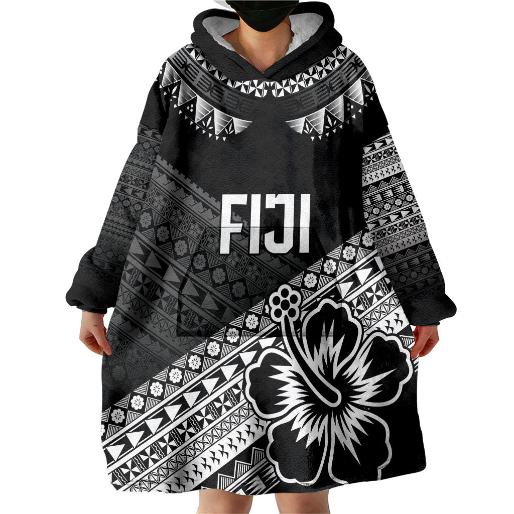 Custom Rugby Fiji Wearable Blanket Hoodie Black Traditional Masi Inspired