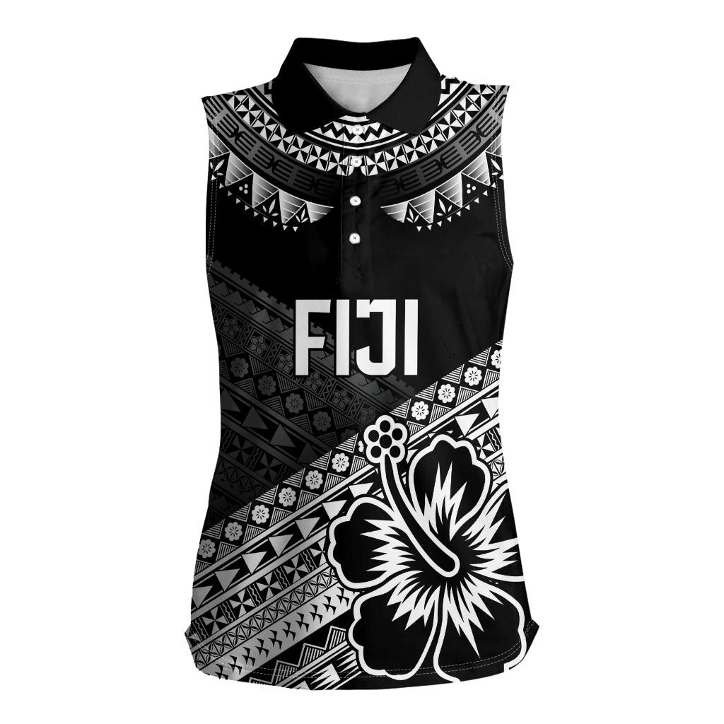 Custom Rugby Fiji Women Sleeveless Polo Shirt Black Traditional Masi Inspired LT9 Female Black - Polynesian Pride