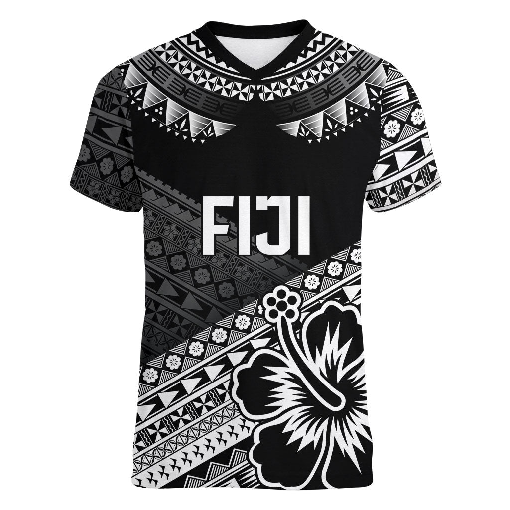 Custom Rugby Fiji Women V-Neck T-Shirt Black Traditional Masi Inspired