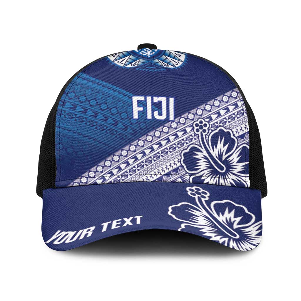 Personalised Rugby Fiji Baseball Net Cap Blue Traditional Masi Inspired