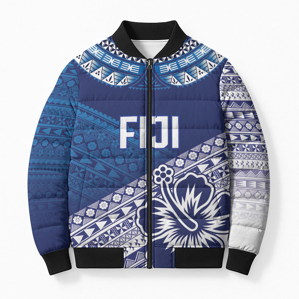 Custom Rugby Fiji Bomber Puffer Jacket Blue Traditional Masi Inspired