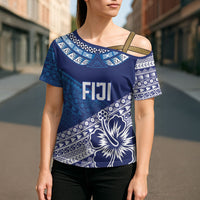 Custom Rugby Fiji Cross Shoulder Shirt Blue Traditional Masi Inspired