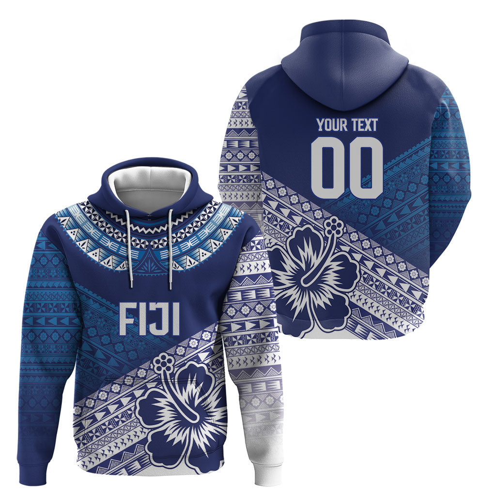 Custom Rugby Fiji Hoodie Blue Traditional Masi Inspired