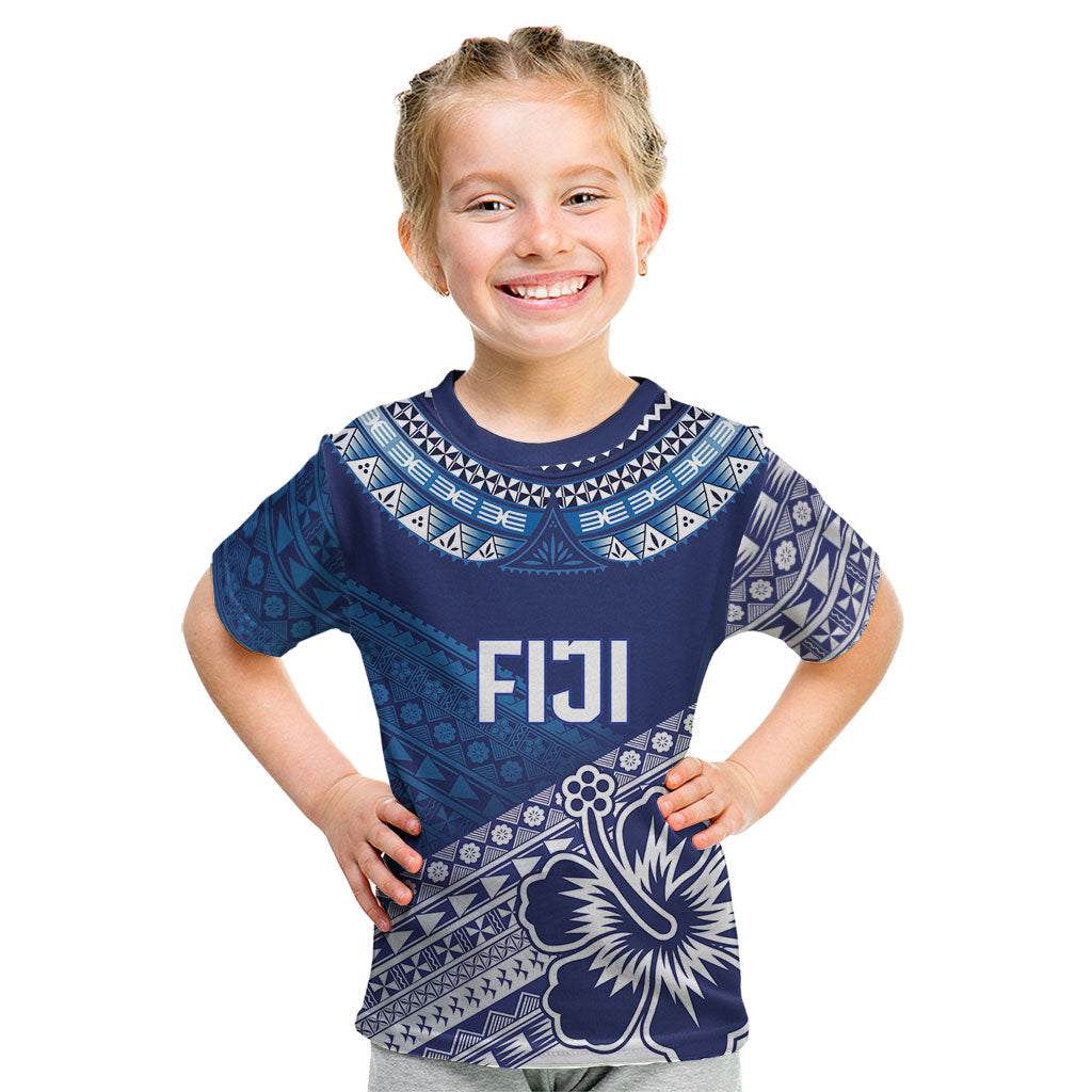 Custom Rugby Fiji Kid T Shirt Blue Traditional Masi Inspired