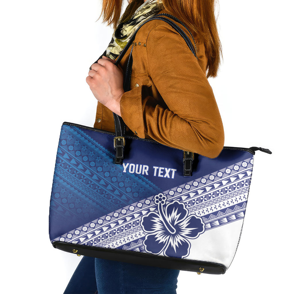 Custom Rugby Fiji Leather Tote Bag Blue Traditional Masi Inspired