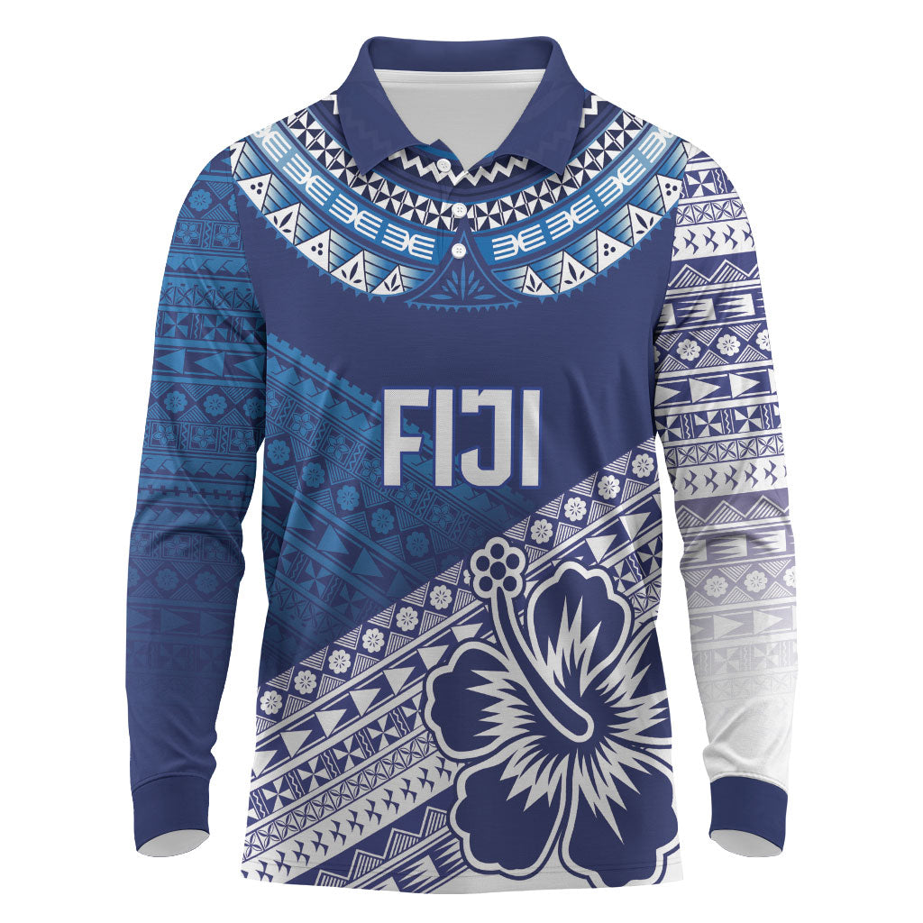 Custom Rugby Fiji Long Sleeve Polo Shirt Blue Traditional Masi Inspired