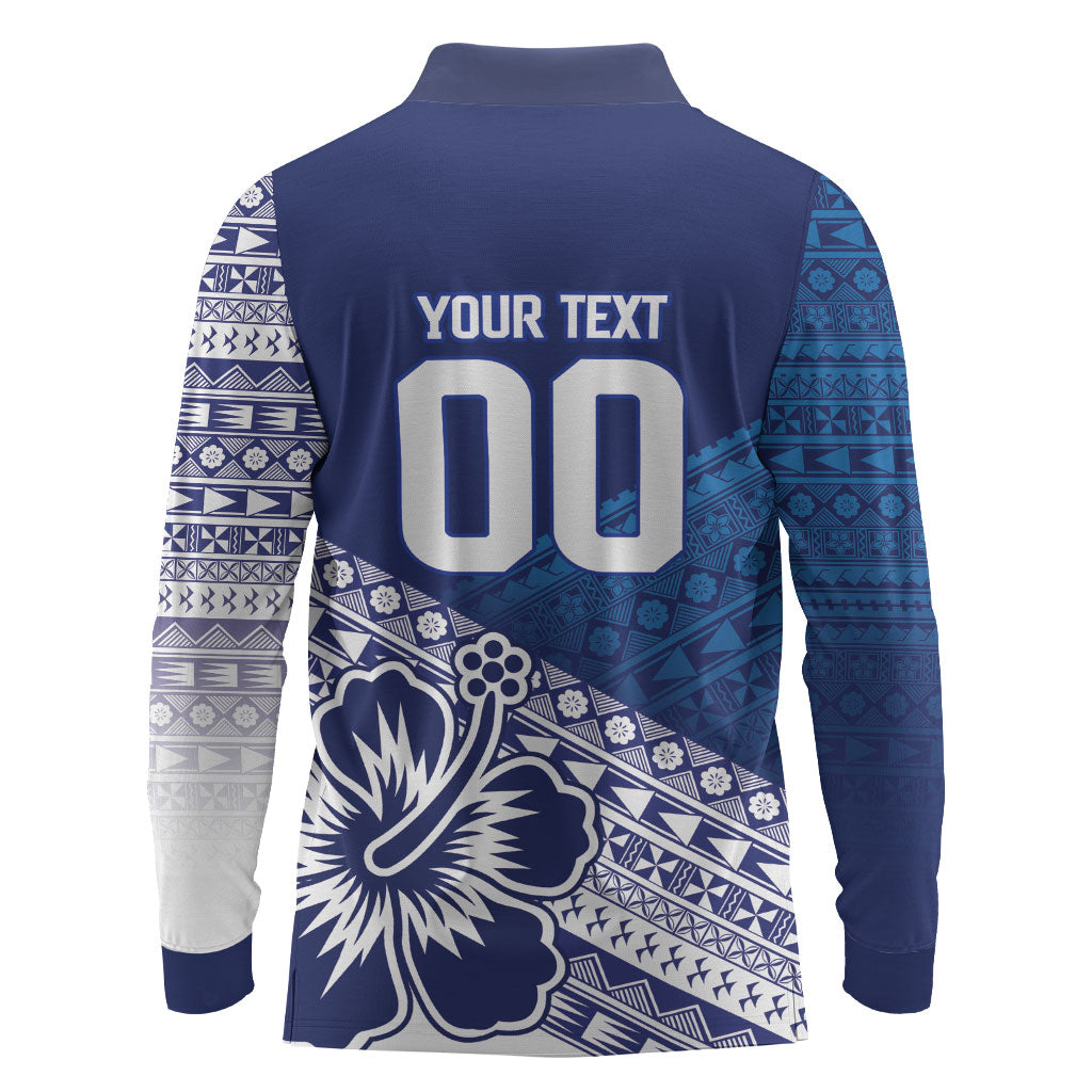 Custom Rugby Fiji Long Sleeve Polo Shirt Blue Traditional Masi Inspired
