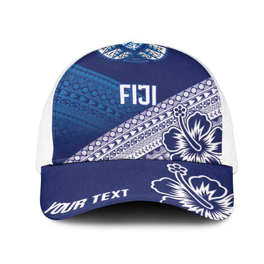 Personalised Rugby Fiji Mesh Trucker Cap Blue Traditional Masi Inspired LT9 One Size White Blue - Polynesian Pride