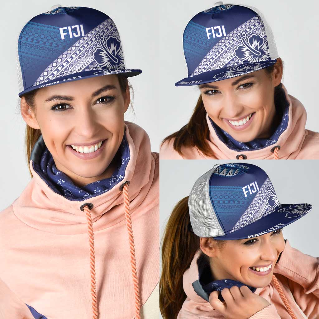 Personalised Rugby Fiji Mesh Trucker Cap Blue Traditional Masi Inspired