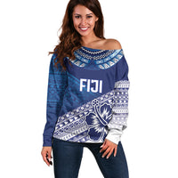 Custom Rugby Fiji Off Shoulder Sweater Blue Traditional Masi Inspired