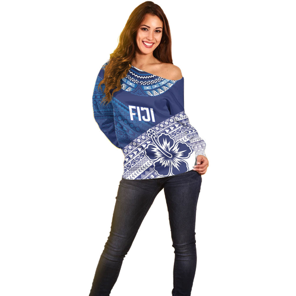 Custom Rugby Fiji Off Shoulder Sweater Blue Traditional Masi Inspired