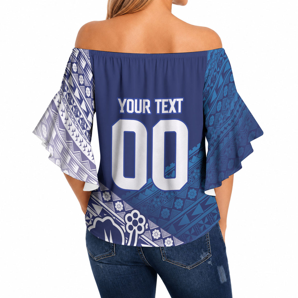 Custom Rugby Fiji Off Shoulder Wrap Waist Top Blue Traditional Masi Inspired LT9 - Polynesian Pride
