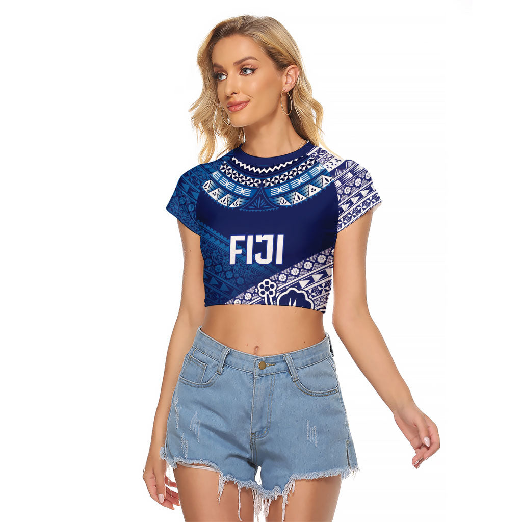 Custom Rugby Fiji Raglan Cropped T Shirt Blue Traditional Masi Inspired