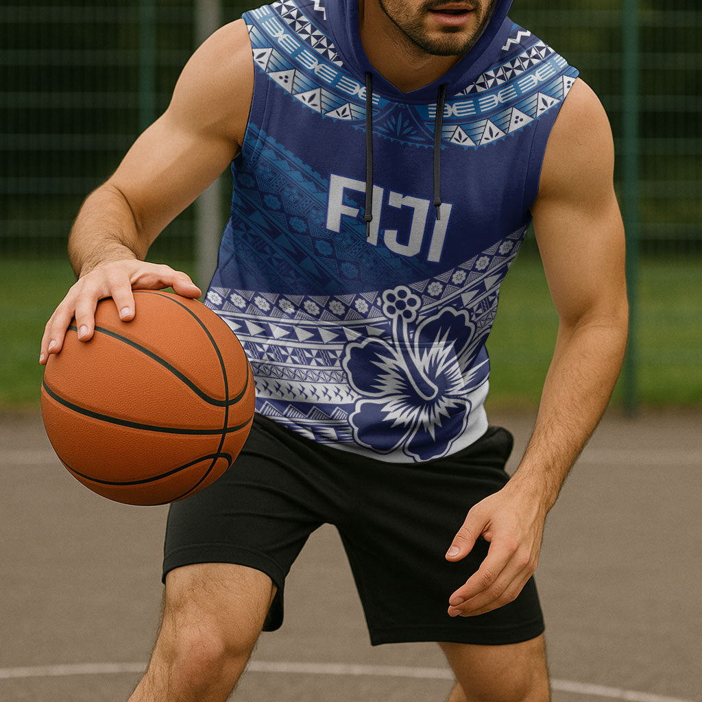Custom Rugby Fiji Sleeveless Hoodie Blue Traditional Masi Inspired