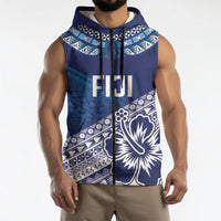 Custom Rugby Fiji Sleeveless Zip Hoodie Blue Traditional Masi Inspired