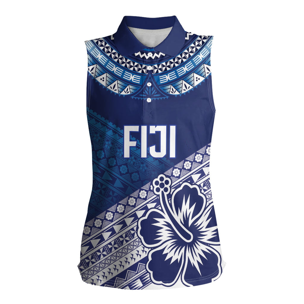 Custom Rugby Fiji Women Sleeveless Polo Shirt Blue Traditional Masi Inspired LT9 Female Blue - Polynesian Pride