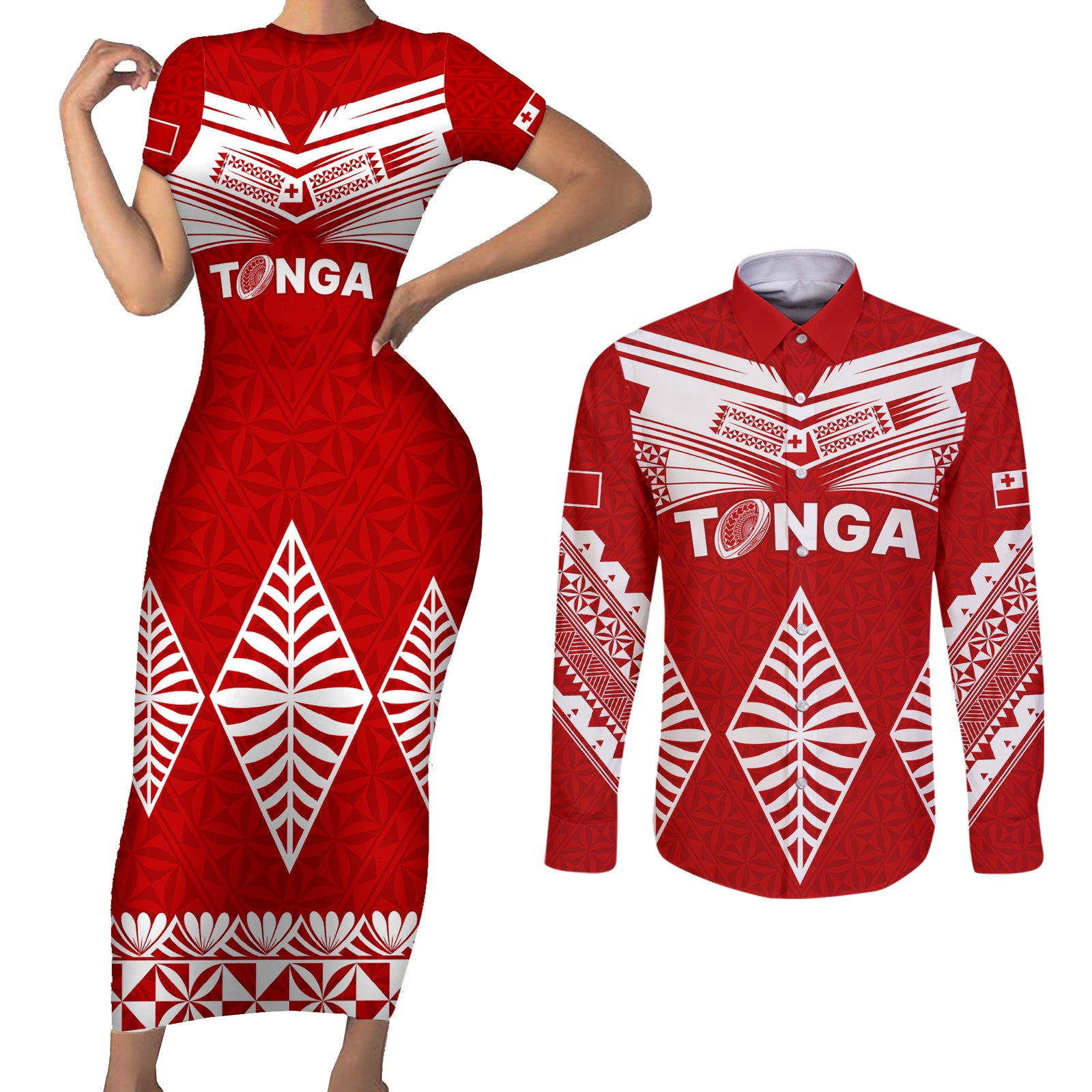 Tonga Rugby Couples Matching Short Sleeve Bodycon Dress and Long Sleeve Button Shirts Proud Tongan Ngatu Kupesi World Cup 2023 No1 LT9 White - Polynesian Pride
