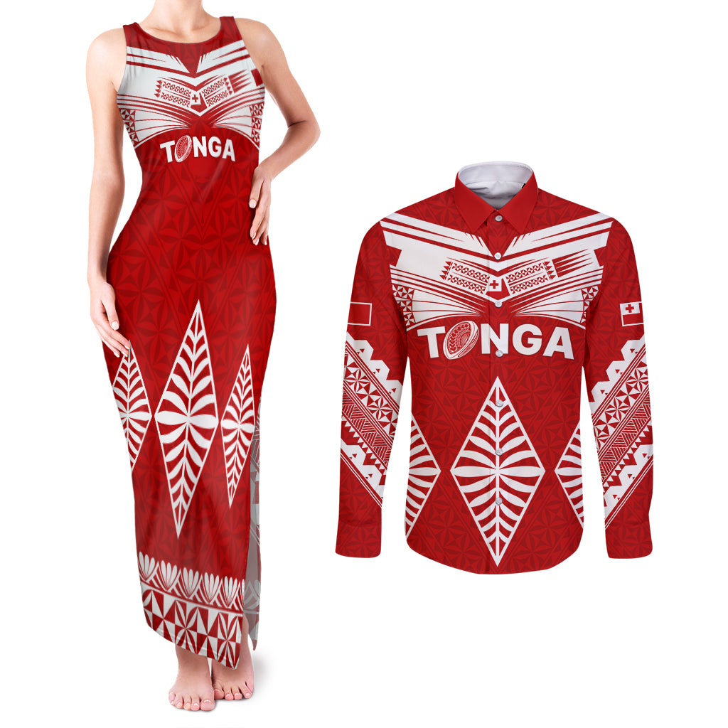 Tonga Rugby Couples Matching Tank Maxi Dress and Long Sleeve Button Shirts Proud Tongan Ngatu Kupesi World Cup 2023 No1 LT9 White - Polynesian Pride