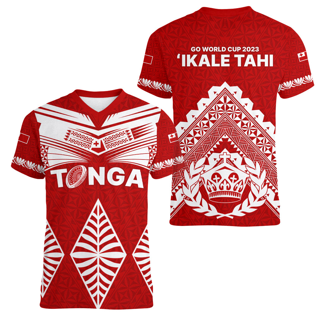 Tonga Rugby Women V Neck T Shirt Proud Tongan Ngatu Kupesi World Cup 2023 No1 LT9 - Polynesian Pride