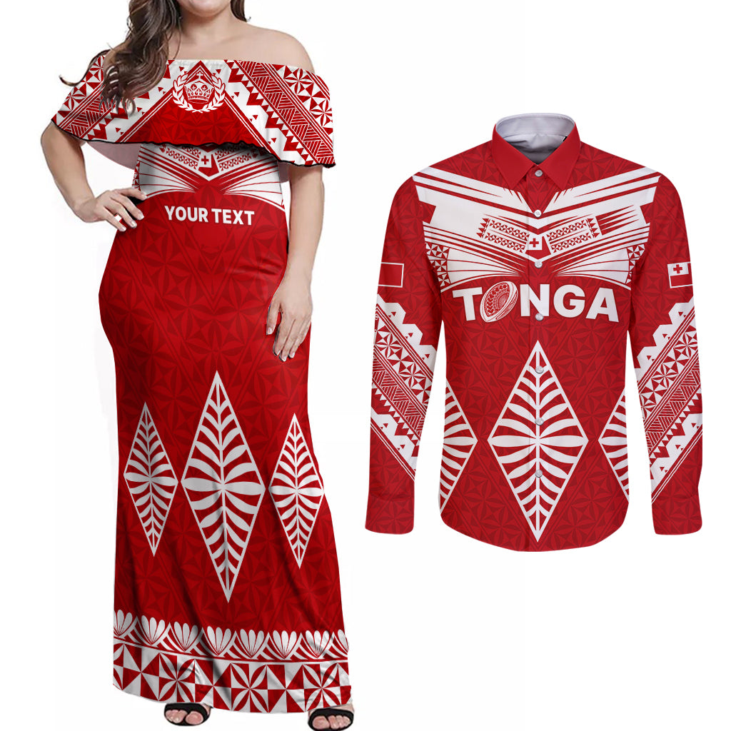 Custom Tonga Rugby Couples Matching Off Shoulder Maxi Dress and Long Sleeve Button Shirts Proud Tongan Ngatu Kupesi World Cup 2023 No1 LT9 White - Polynesian Pride