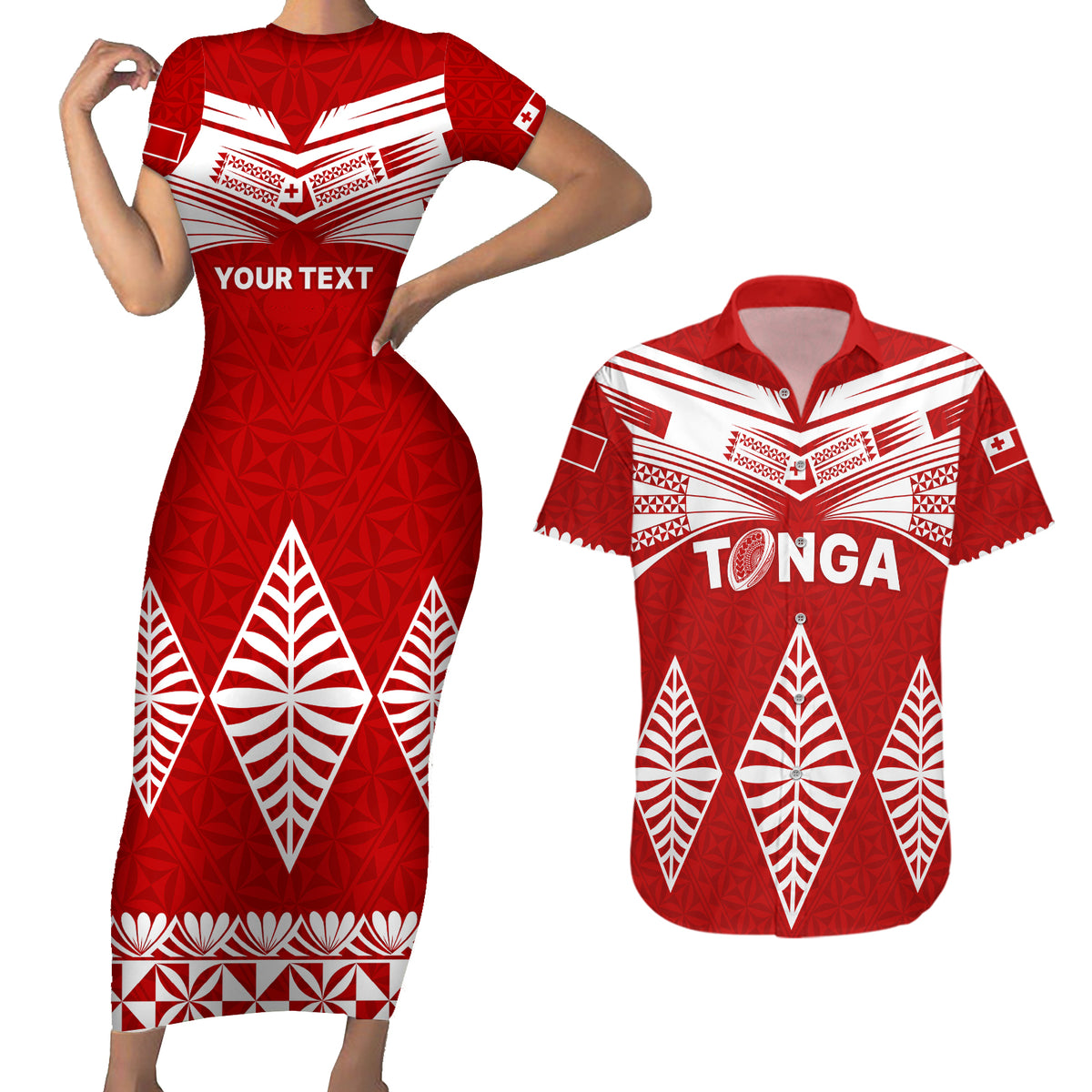 Custom Tonga Rugby Couples Matching Short Sleeve Bodycon Dress and Hawaiian Shirt Proud Tongan Ngatu Kupesi World Cup 2023 No1 LT9 White - Polynesian Pride